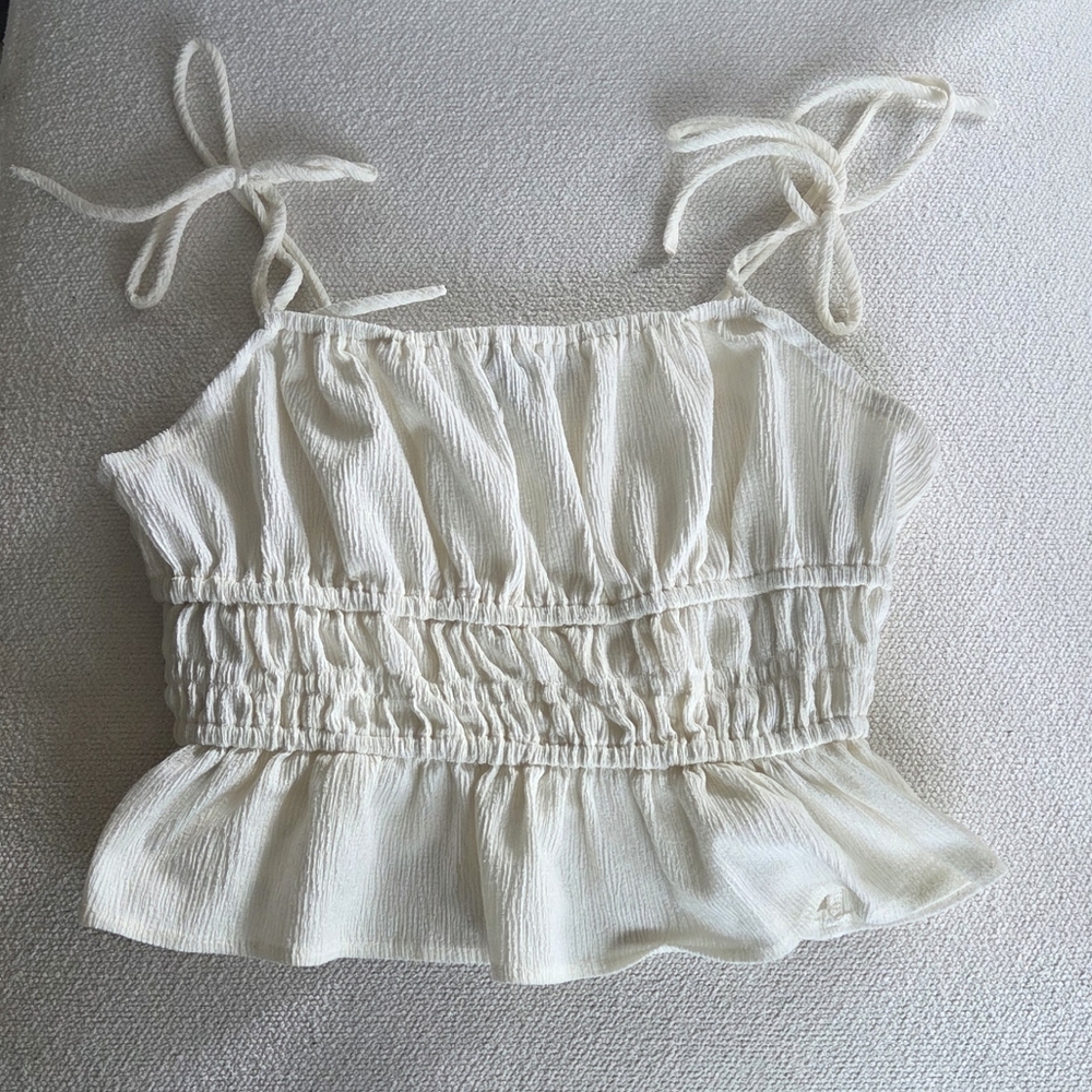 Forever 21 Smocked Tie Strap Crop Cami Small Cream Festival